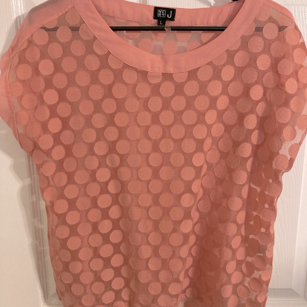 Very J Sheer Pink Polka Dot Mesh Ballet Coastal Summer Romantic Feminine Fun Top